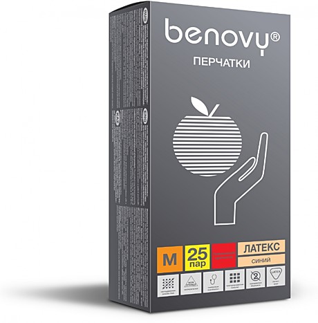 Перчатки BENOVY™ латексные неопудренные особопрочные удлиненные 13гр. (25 пар), синий, упак